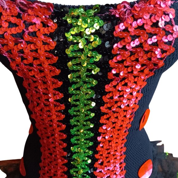 Medium Vintage 70's Halter Sequin Tutu Dress With Pink Bow & Green Ruffle Trim - Picture 5 of 7